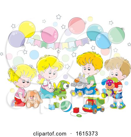 Clipart of a Kids Birthday Party with Balloons and Toys - Royalty Free Vector Illustration by Alex Bannykh