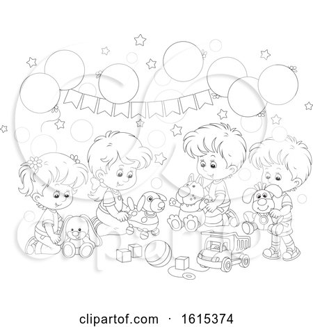 Clipart of a Lineart Kids Birthday Party with Balloons and Toys - Royalty Free Vector Illustration by Alex Bannykh