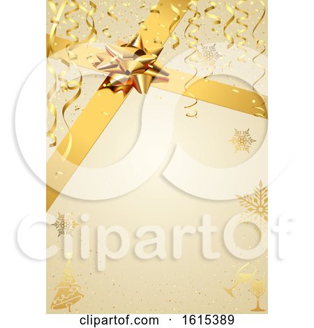 Clipart of a Golden Christmas Background with Snowflakes Ribbons and a Gift Bow - Royalty Free Vector Illustration by dero