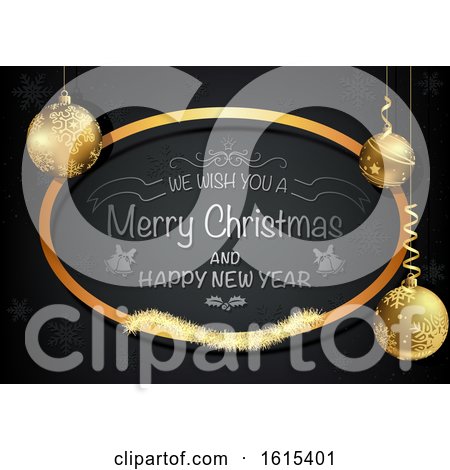 Clipart of a 3d Merry Christmas and Happy New Year Greeting in a Golden Frame Baubles - Royalty Free Vector Illustration by dero
