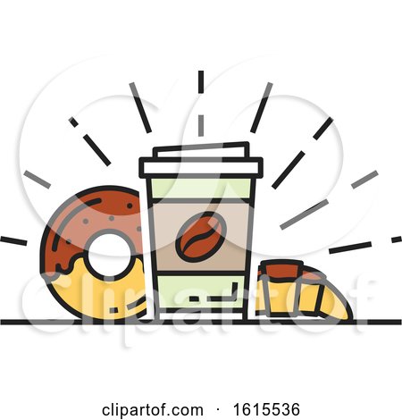 Clipart of a Take out Coffee Cup with a Donut and Croissant - Royalty Free Vector Illustration by Vector Tradition SM