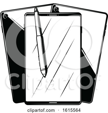 Clipart of a Black and White Stylus Pen and Tablets - Royalty Free Vector Illustration by Vector Tradition SM