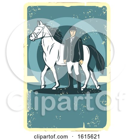 Clipart of a Retro Horse and Equestrian on a Distressed Background - Royalty Free Vector Illustration by Vector Tradition SM