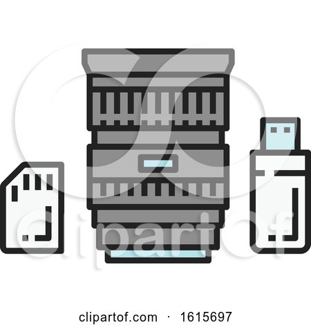 Clipart of a Camera Lens Ssd Card and Usb Drive - Royalty Free Vector Illustration by Vector Tradition SM