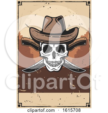 Clipart of a Wild West Cowboy Skull Wearing a Hat over Knives on a Distressed Background - Royalty Free Vector Illustration by Vector Tradition SM
