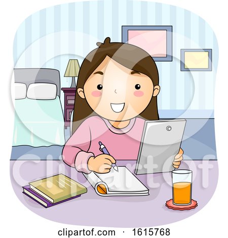 Kid Girl Tablet Study Bedroom Illustration by BNP Design Studio