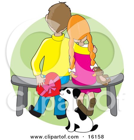Sweet Boy Sitting On A Bench Beside His Red Haired Girlfriend Who Is Resting Her Head On His Shoulder As A Dalmation Puppy Tries To Steal A Box Of Valentines Day Chocolates From Behind Them Clipart Illustration Image by Maria Bell