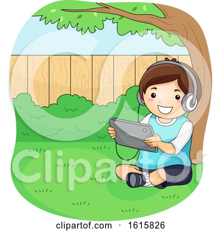 Kid Boy Tablet Under Tree Backyard Illustration by BNP Design Studio
