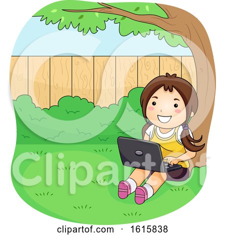 Kid Girl Laptop Under Tree Backyard Illustration by BNP Design Studio