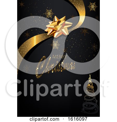 Clipart of a Merry Christmas Greeting with a Tree, Snowflakes and Bow - Royalty Free Vector Illustration by dero