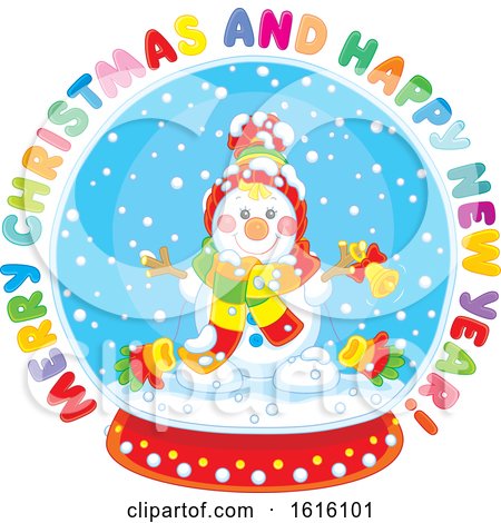 Clipart of a Merry Christmas and Happy New Year Greeting with a Snowman in a Snow Globe - Royalty Free Vector Illustration by Alex Bannykh