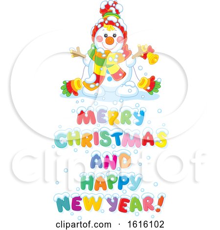 Clipart of a Snowman with Merry Christmas and Happy New Year Text - Royalty Free Vector Illustration by Alex Bannykh