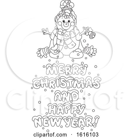 Clipart of a Black and White Snowman with Merry Christmas and Happy New Year Text - Royalty Free Vector Illustration by Alex Bannykh
