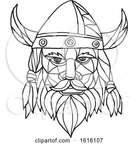Clipart of a Black and White Mosaic Low Polygon Head of a Viking Norseman or Barbarian - Royalty Free Vector Illustration by patrimonio