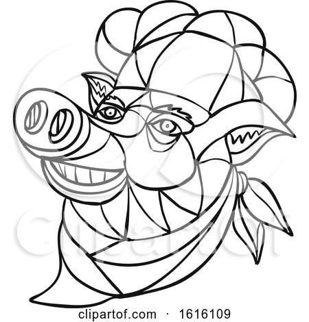 Clipart of a Black and White Mosaic Low Polygon Head of a a Pig Chef - Royalty Free Vector Illustration by patrimonio