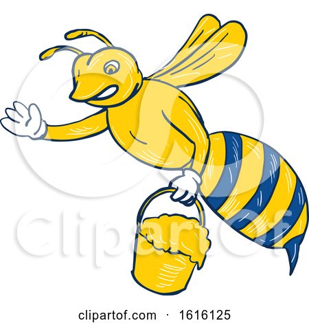Clipart of a Sketched Bee Waving and Carrying a Pail of Dripping Honey - Royalty Free Vector Illustration by patrimonio