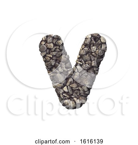 Gravel Letter V - Lowercase 3d Crushed Rock Font - Nature, Envir, on a white background by chrisroll