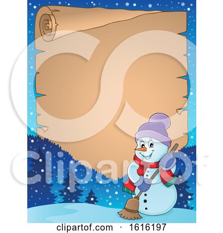 Clipart of a Border of a Happy Snowman Sweeping - Royalty Free Vector Illustration by visekart