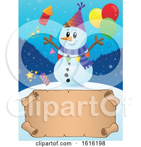 Clipart of a Festive Snowman Having a Party over a Scroll - Royalty Free Vector Illustration by visekart