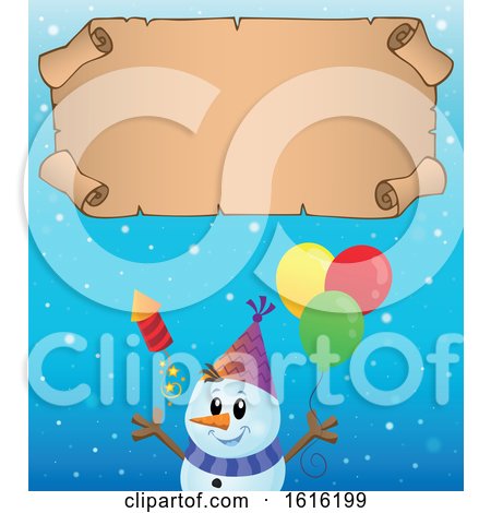 Clipart of a Festive Snowman Having a Party Under a Scroll - Royalty Free Vector Illustration by visekart