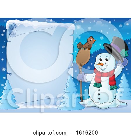 Clipart of a Border of a Snowman Tipping His Hat and Standing with a Bird on a Broom - Royalty Free Vector Illustration by visekart