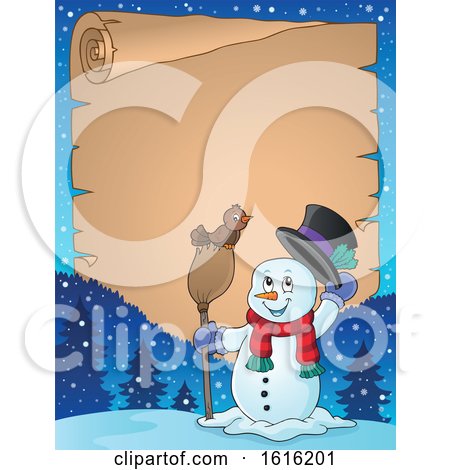Clipart of a Border of a Snowman Tipping His Hat and Standing with a Bird on a Broom - Royalty Free Vector Illustration by visekart