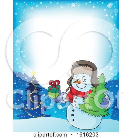 Clipart of a Border of a Christmas Snowman Carrying a Tree and Present - Royalty Free Vector Illustration by visekart