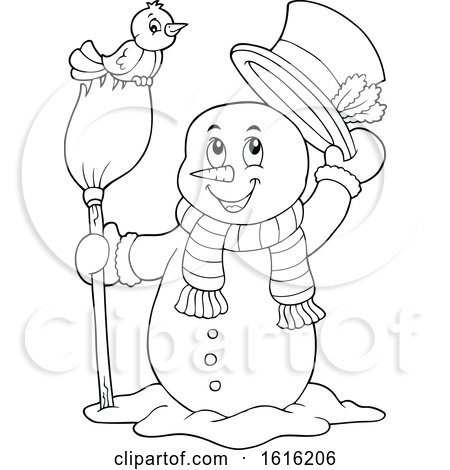 Clipart of a Lineart Snowman Tipping His Hat and Standing with a Bird on a Broom - Royalty Free Vector Illustration by visekart