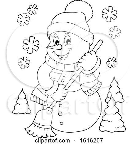 Clipart of a Lineart Happy Snowman Sweeping - Royalty Free Vector Illustration by visekart