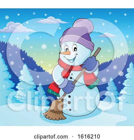 Clipart of a Happy Snowman Sweeping - Royalty Free Vector Illustration by visekart