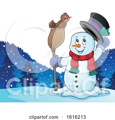 Clipart of a Snowman Tipping His Hat and Standing with a Bird on a Broom - Royalty Free Vector Illustration by visekart