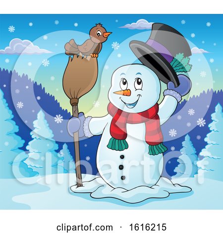 Clipart of a Snowman Tipping His Hat and Standing with a Bird on a Broom - Royalty Free Vector Illustration by visekart