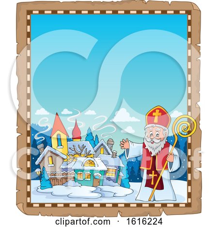 Clipart of a Border with a Waving Saint Nicholas - Royalty Free Vector Illustration by visekart