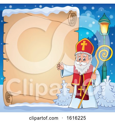 Clipart of a Parchment Scroll and Waving Saint Nicholas - Royalty Free Vector Illustration by visekart