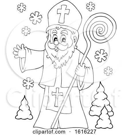 Clipart of a Lineart Waving Saint Nicholas - Royalty Free Vector Illustration by visekart