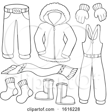 clipart of lineart winter clothes and accessories  royalty