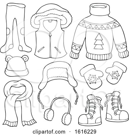 Clipart of Lineart Winter Clothes and Accessories - Royalty Free Vector Illustration by visekart