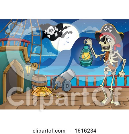 Clipart of a Pirate Skeleton on a Ship Deck - Royalty Free Vector Illustration by visekart