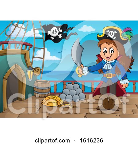 Clipart of a Pirate Girl Captain on a Ship Deck - Royalty Free Vector Illustration by visekart
