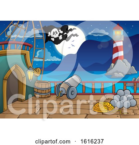 Clipart of a Pirate Ship Deck at Night - Royalty Free Vector Illustration by visekart