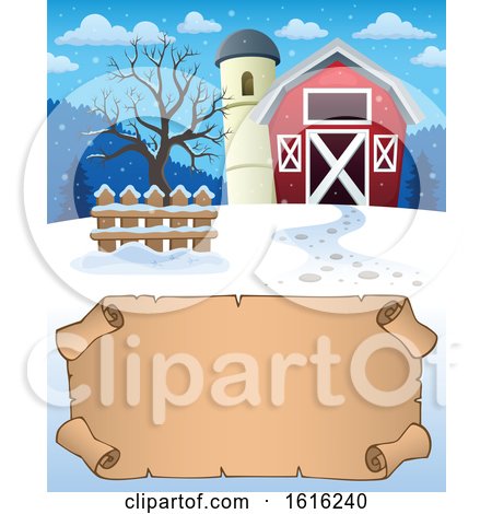 Clipart of a Winter Barn and Silo over a Parchment Scroll - Royalty Free Vector Illustration by visekart