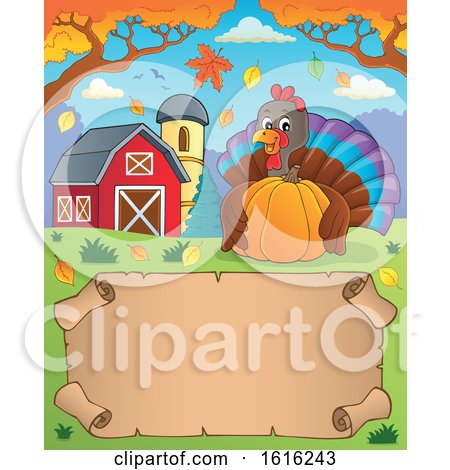 Clipart of a Scroll with a Turkey Holding a Pumpkin in a Barnyard - Royalty Free Vector Illustration by visekart