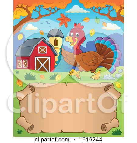 Clipart of a Scroll with a Turkey Running in a Barnyard - Royalty Free Vector Illustration by visekart