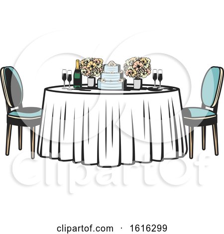 Clipart of a Retro Table with Flowers and a Wedding Cake - Royalty Free Vector Illustration by Vector Tradition SM