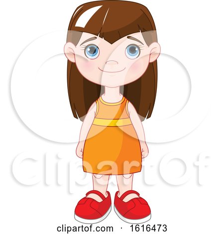 Clipart of a Brunette Blue Eyed Girl in an Orange Dress - Royalty Free Vector Illustration by Pushkin