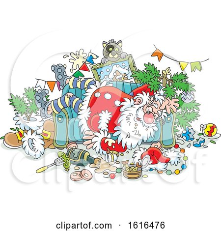 Clipart of a Cartoon Passed out Drunk Santa Claus on Christmas - Royalty Free Vector Illustration by Alex Bannykh