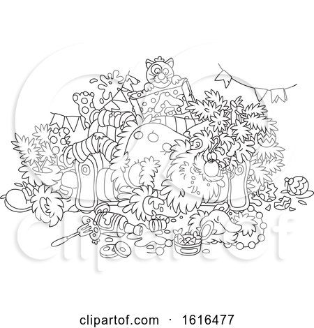 Clipart of a Cartoon Black and White Passed out Drunk Santa Claus on Christmas - Royalty Free Vector Illustration by Alex Bannykh