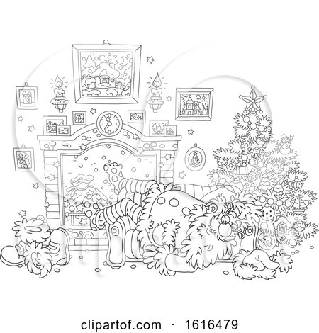 Clipart of a Cartoon Black and White Passed out Santa Claus on Christmas - Royalty Free Vector Illustration by Alex Bannykh