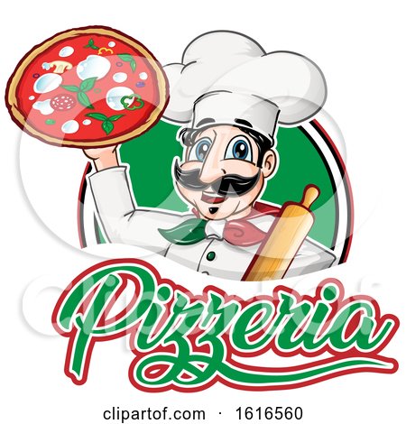 Clipart of a Cartoon Italian Chef with Pizza and Text - Royalty Free Vector Illustration by Domenico Condello