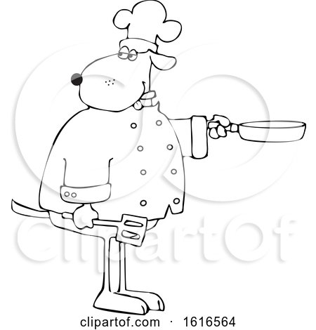 Clipart of a Cartoon Lineart Dog Chef Holding a Spatula and Frying Pan - Royalty Free Vector Illustration by djart